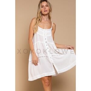 POL Ivory Spaghetti Strap Button Front Midi Dress | Relaxed Fit Lace Detail